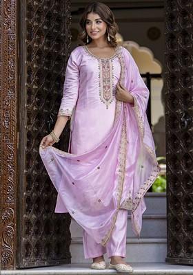 Pink Floral Embroidered Poly Blend Kurta Set