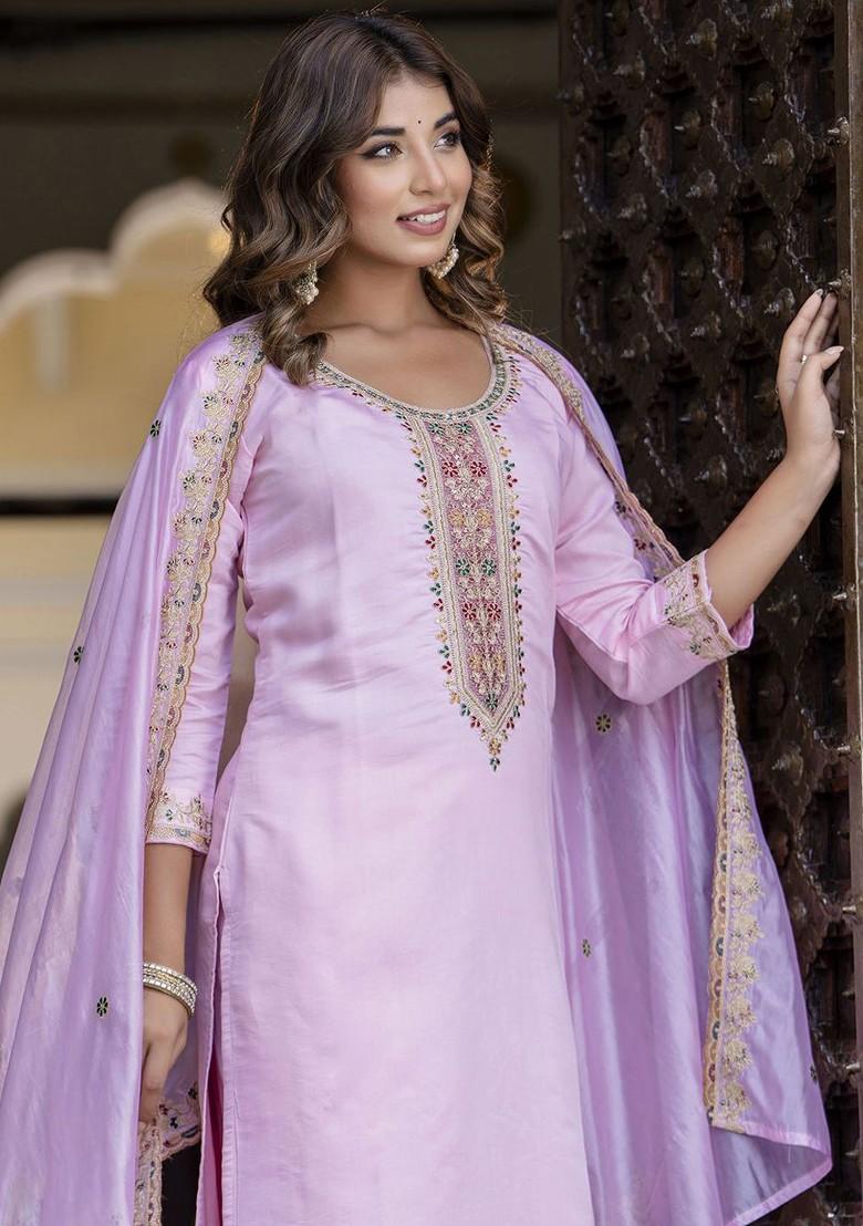 Pink Floral Embroidered Poly Blend Kurta Set