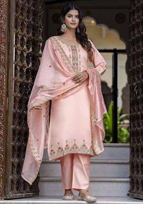 Peach Floral Embroidered Poly Blend Kurta Set