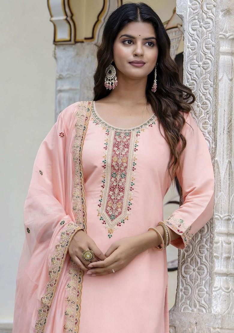 Peach Floral Embroidered Poly Blend Kurta Set
