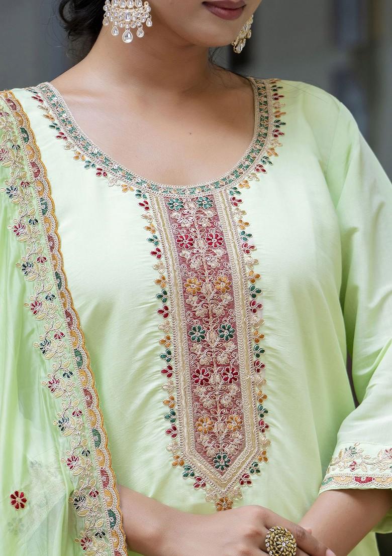 Green Floral Embroidered Poly Blend Kurta Set