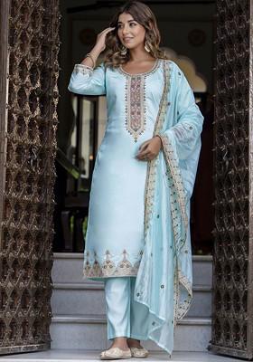 Blue Floral Embroidered Poly Blend Kurta Set