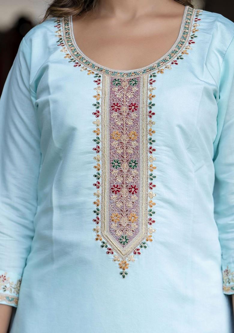 Blue Floral Embroidered Poly Blend Kurta Set