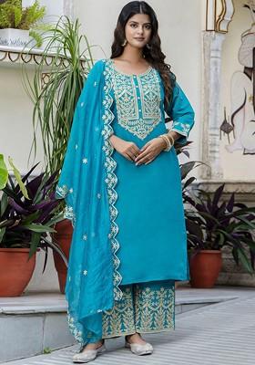 Blue Floral Embroidered Poly Blend Kurta Set