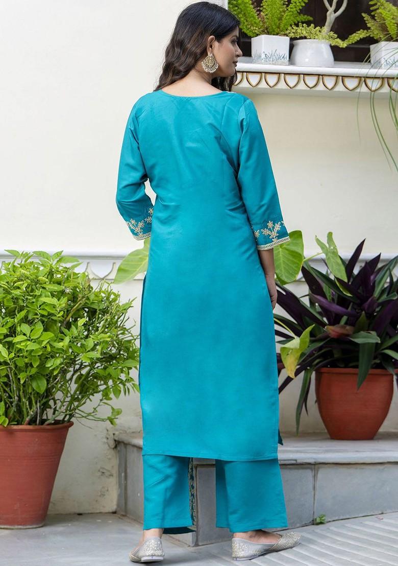 Blue Floral Embroidered Poly Blend Kurta Set