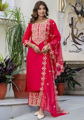 Pink Floral Embroidered Poly Blend Kurta Set
