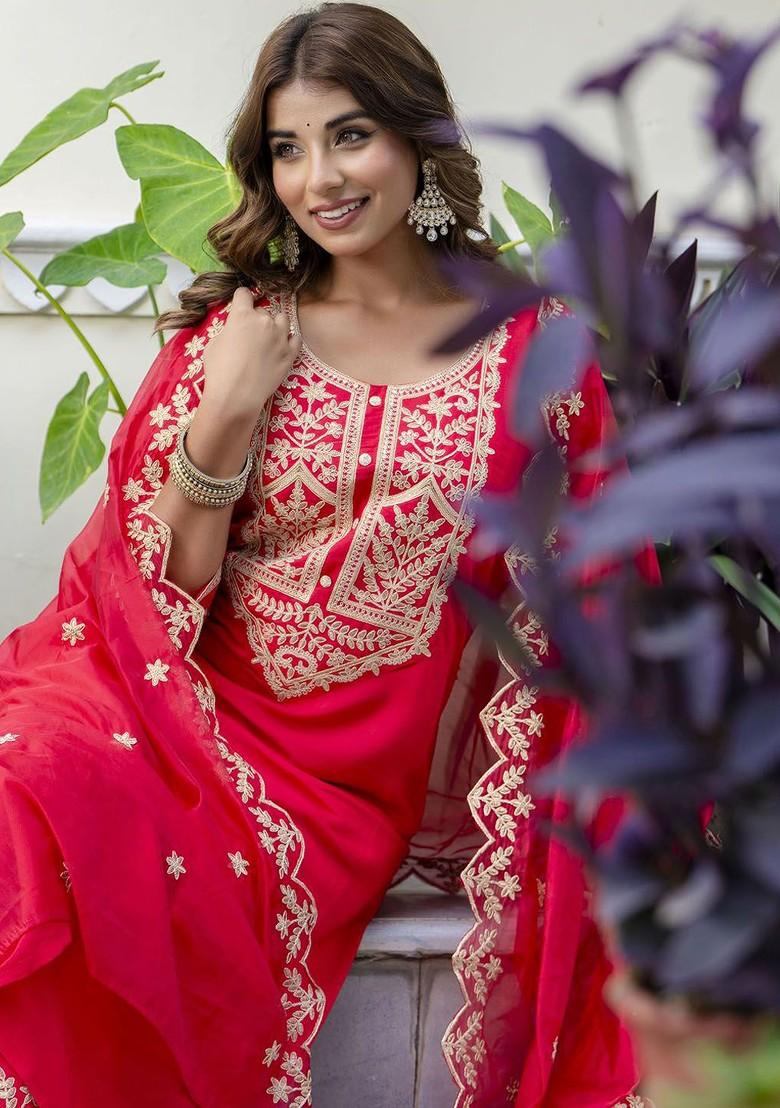 Pink Floral Embroidered Poly Blend Kurta Set