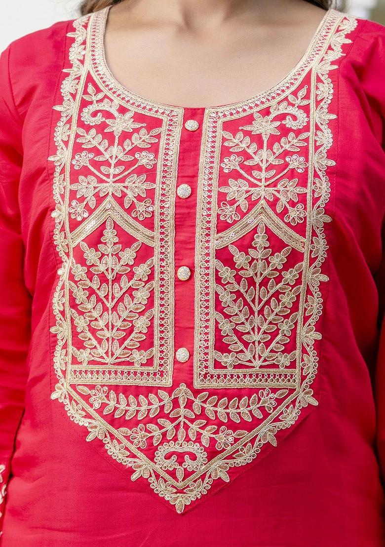 Pink Floral Embroidered Poly Blend Kurta Set