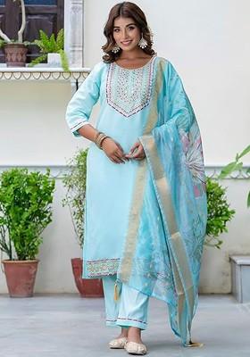 Blue Floral Embroidered Poly Blend Kurta Set