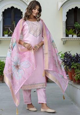 Pink Floral Embroidered Poly Blend Kurta Set