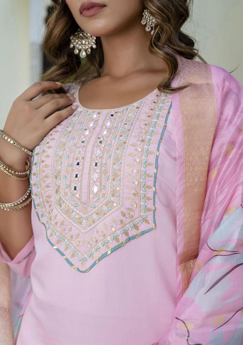 Pink Floral Embroidered Poly Blend Kurta Set