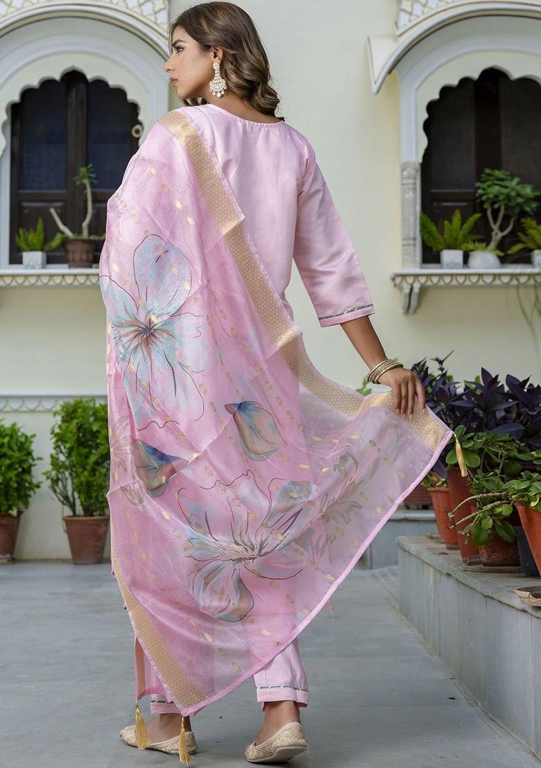 Pink Floral Embroidered Poly Blend Kurta Set