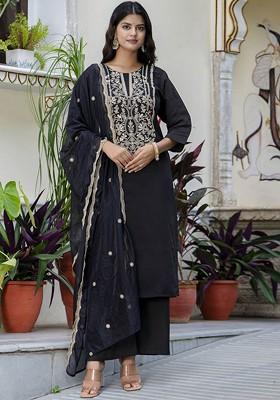 Black Floral Embroidered Poly Blend Kurta Set