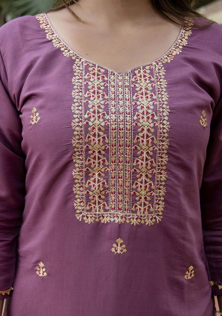 Lavender Floral Embroidered Poly Blend Kurta Set