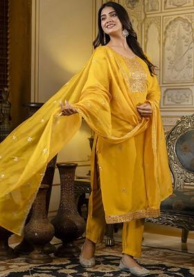 Mustard Floral Embroidered Poly Blend Kurta Set