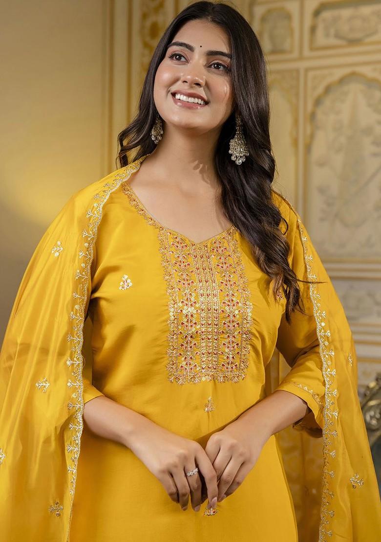 Mustard Floral Embroidered Poly Blend Kurta Set