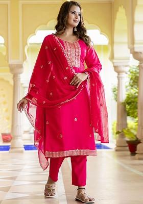 Pink Floral Embroidered Poly Blend Kurta Set