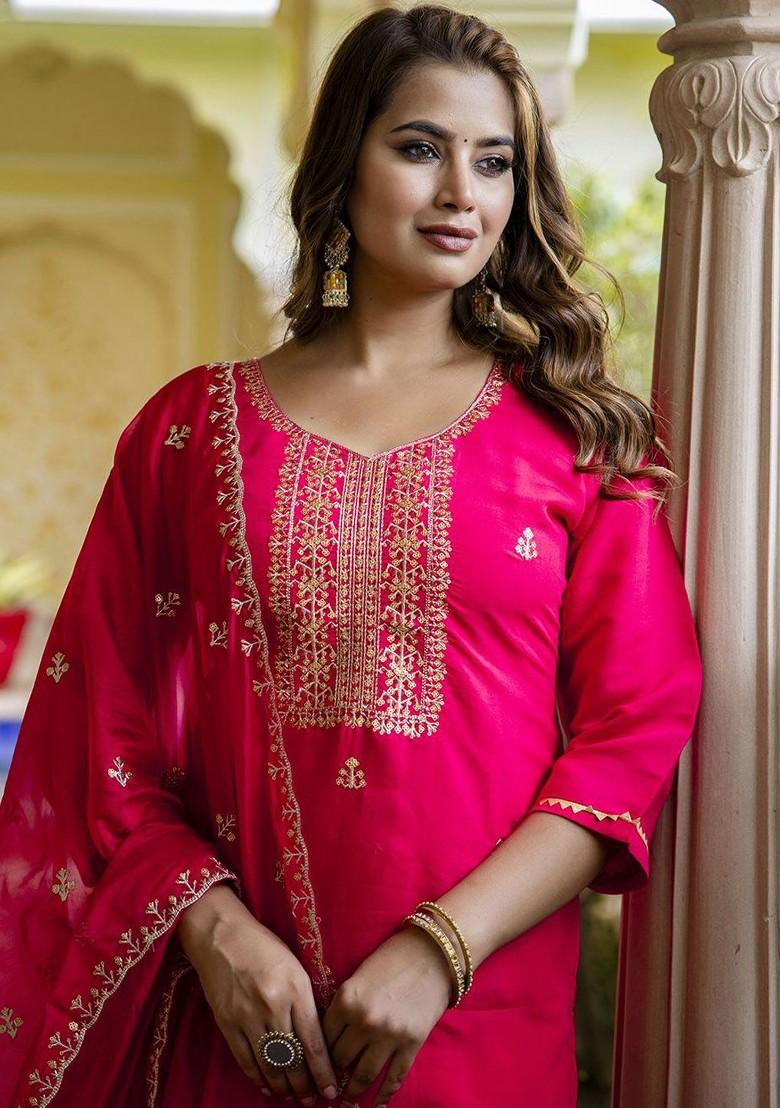 Pink Floral Embroidered Poly Blend Kurta Set