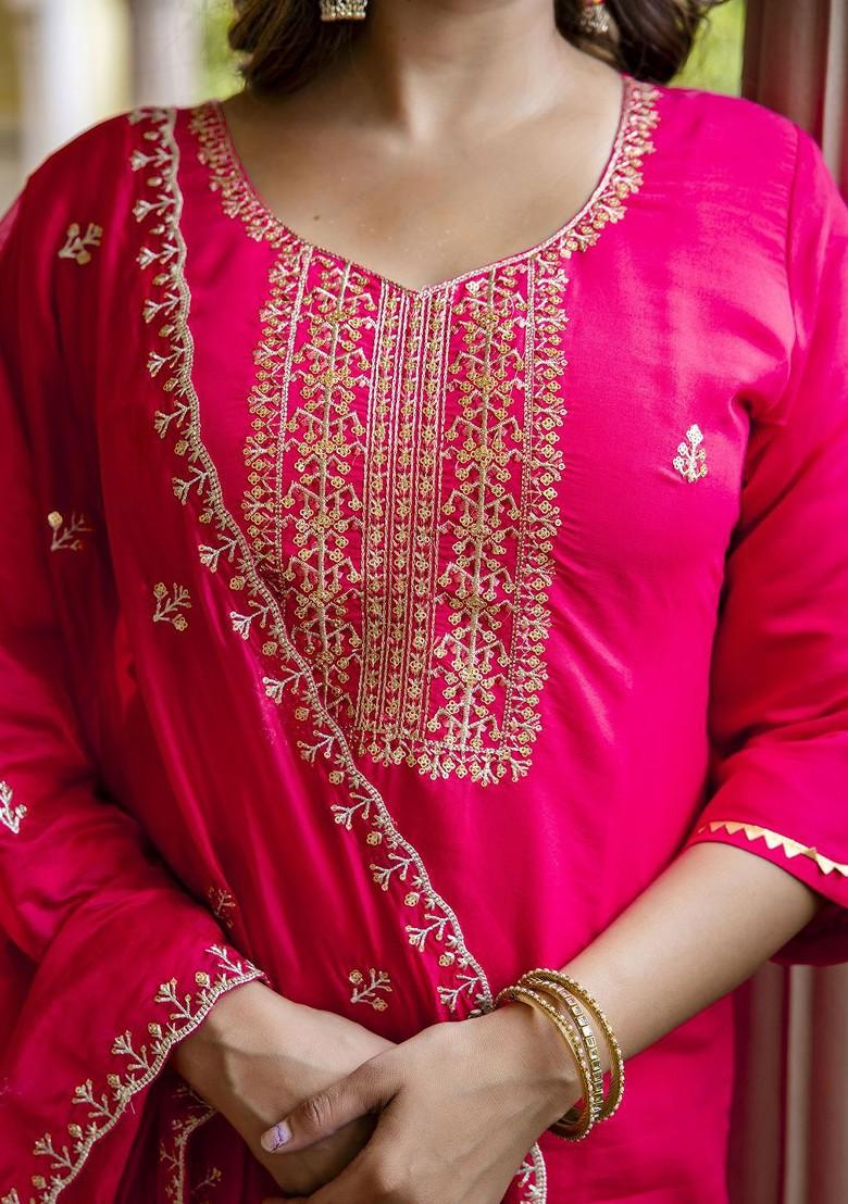 Pink Floral Embroidered Poly Blend Kurta Set
