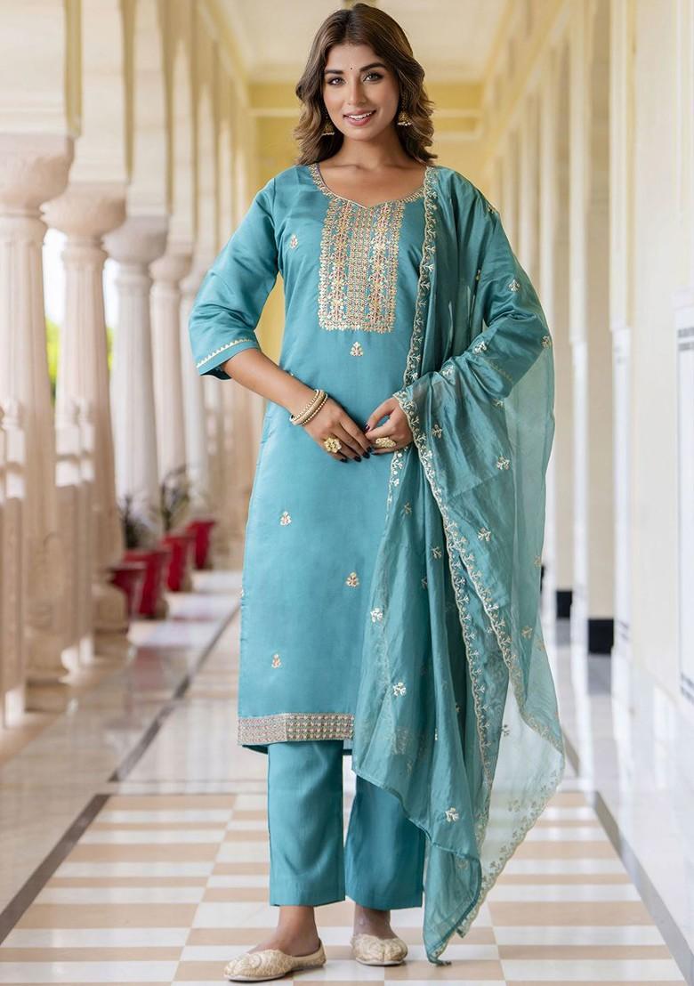 Blue Floral Embroidered Poly Blend Kurta Set