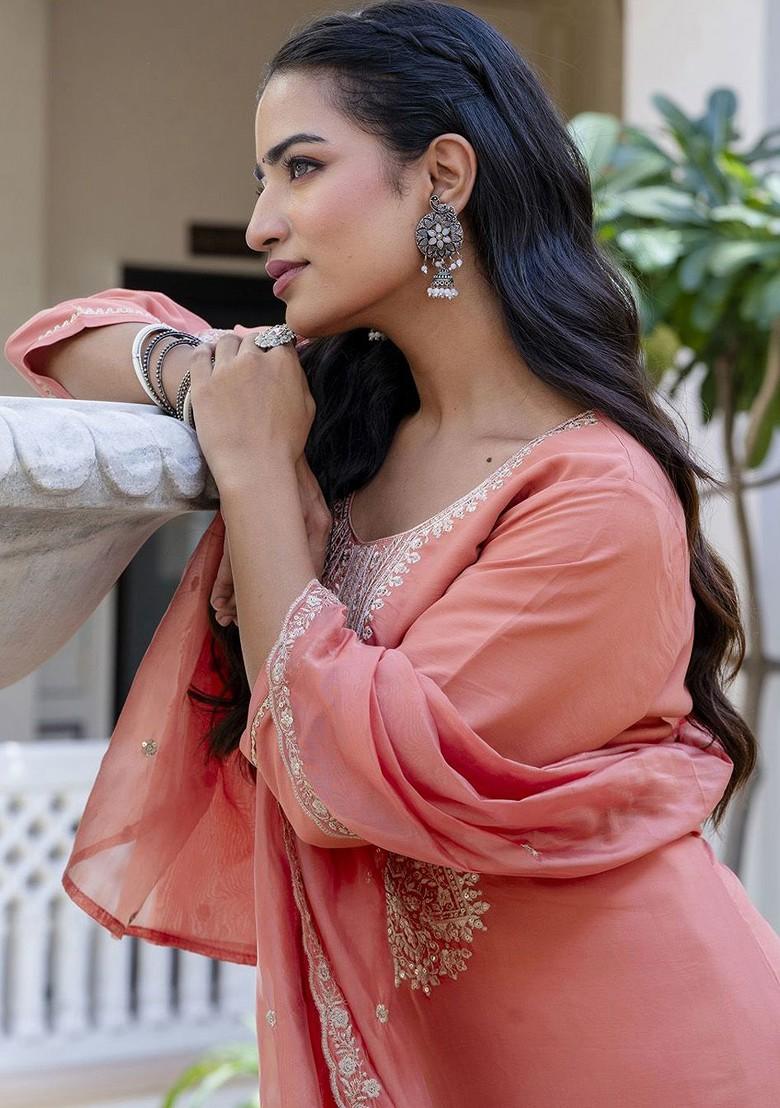 Peach Floral Embroidered Poly Blend Kurta Set