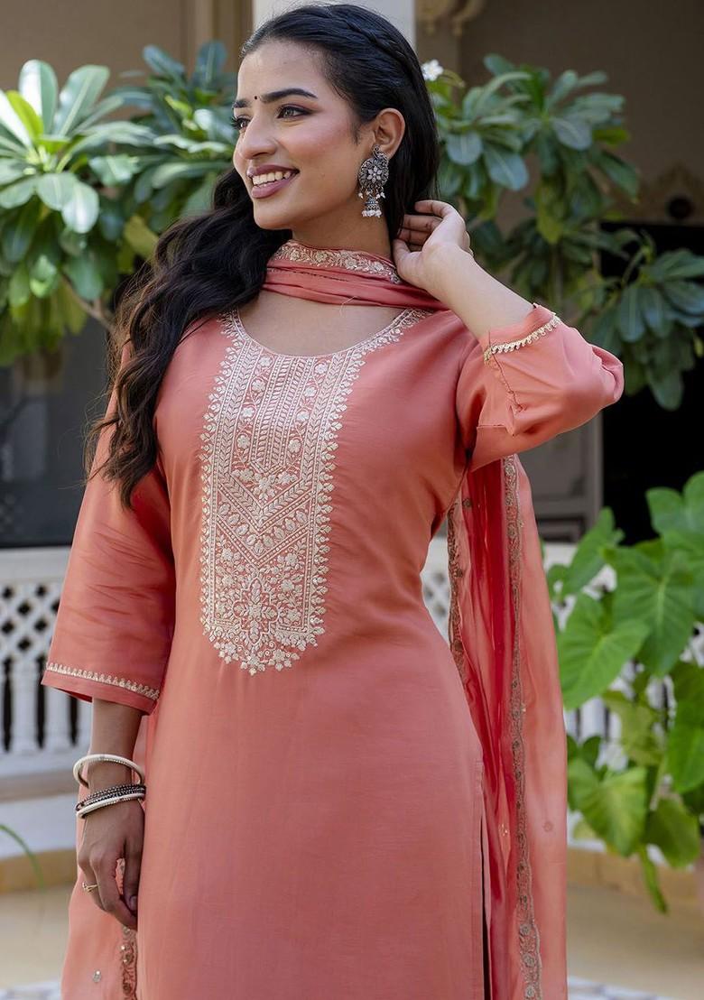 Peach Floral Embroidered Poly Blend Kurta Set