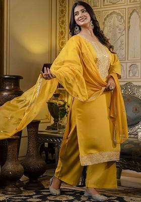 Yellow Floral Embroidered Poly Blend Kurta Set