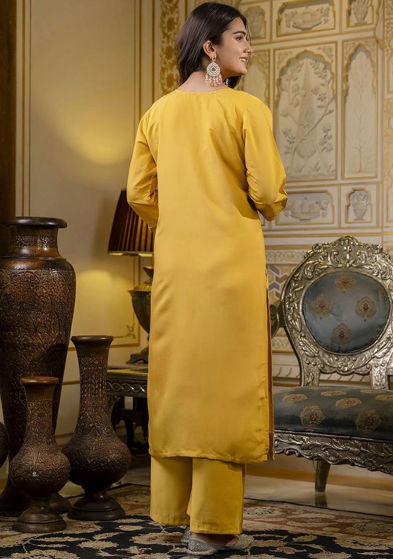 Yellow Floral Embroidered Poly Blend Kurta Set