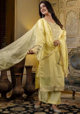 Yellow Floral Embroidered Poly Blend Kurta Set