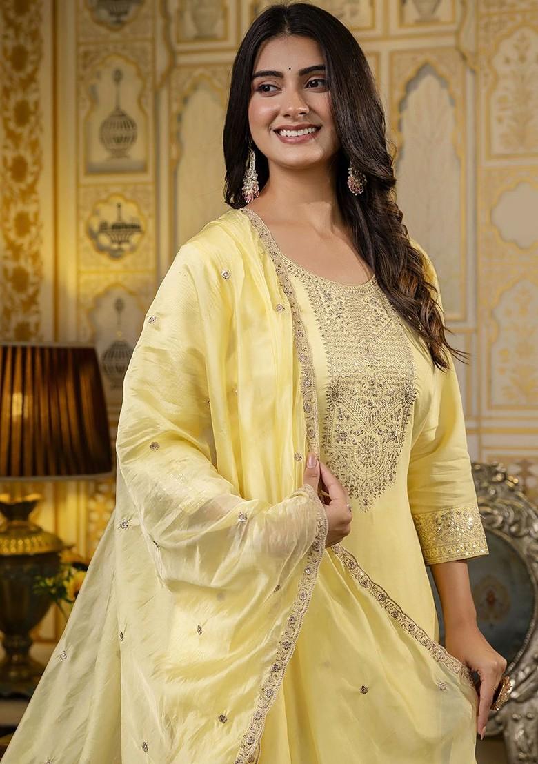 Yellow Floral Embroidered Poly Blend Kurta Set