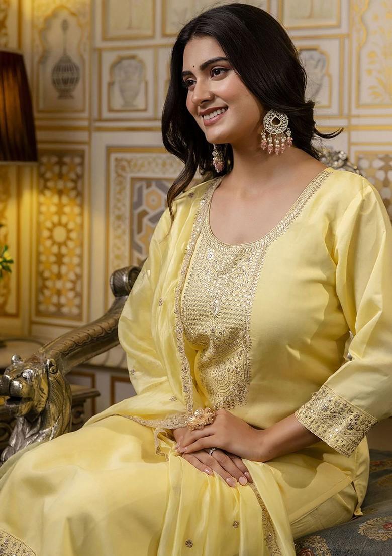 Yellow Floral Embroidered Poly Blend Kurta Set