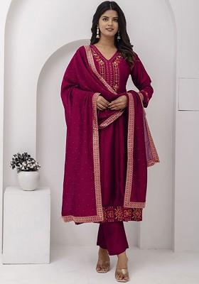 Red Embroidered Silk Kurta Set