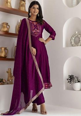 Purple Floral Embroidered Poly Blend Kurta Set