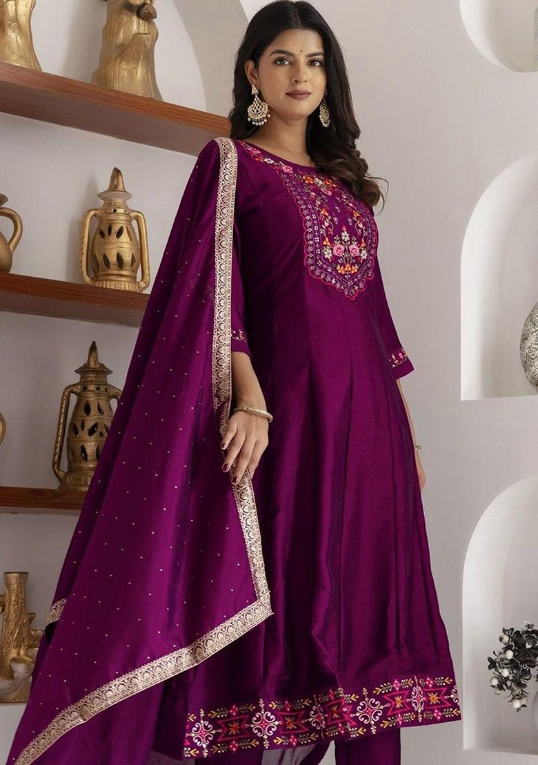 Purple Floral Embroidered Poly Blend Kurta Set