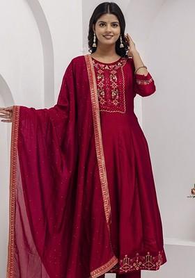 Red Floral Embroidered Poly Blend Kurta Set