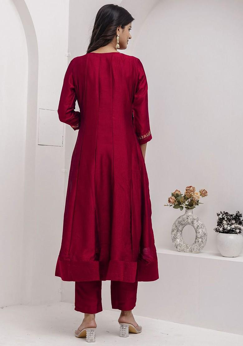 Red Floral Embroidered Poly Blend Kurta Set
