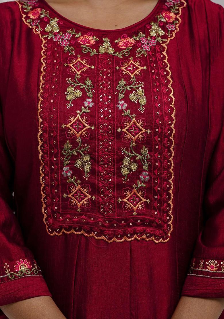Red Floral Embroidered Poly Blend Kurta Set