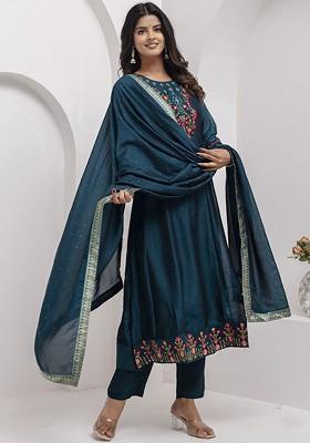 Teal Floral Embroidered Poly Blend Kurta Set