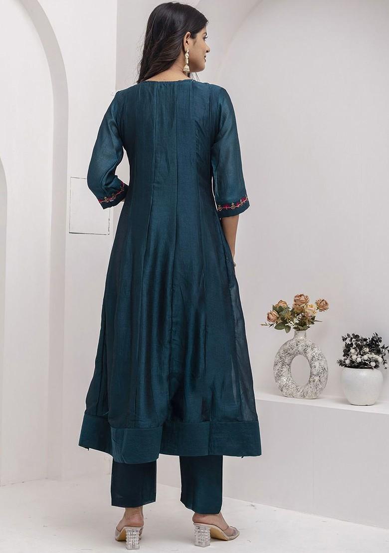 Teal Floral Embroidered Poly Blend Kurta Set
