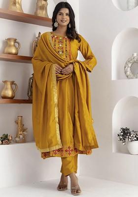 Mustard Floral Embroidered Poly Blend Kurta Set