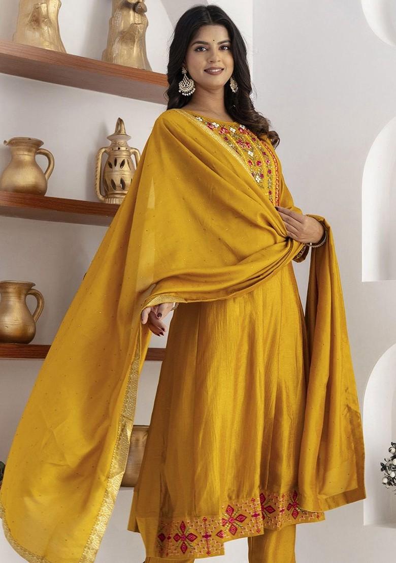 Mustard Floral Embroidered Poly Blend Kurta Set