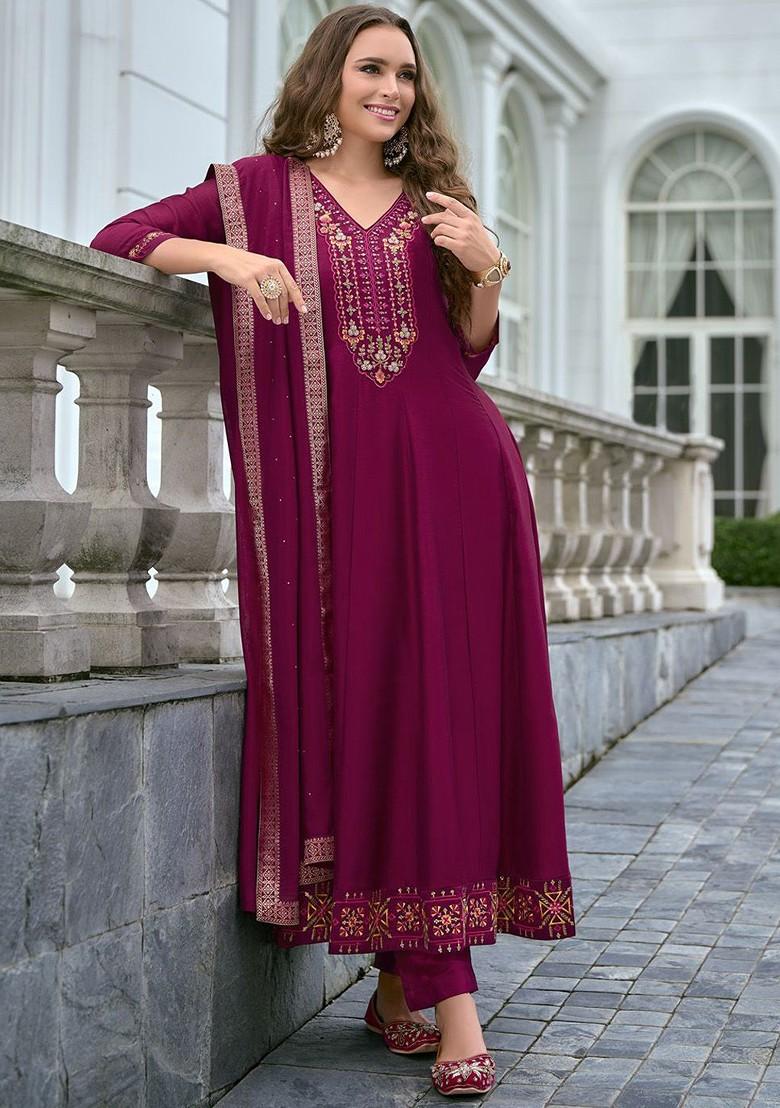 Red Ethnic Motifs Embroidery Poly Blend Kurta Set