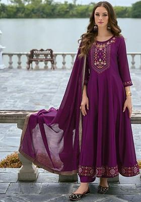 Purple Floral Embroidered Poly Blend Kurta Set