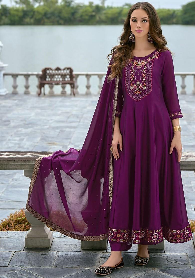 Purple Floral Embroidered Poly Blend Kurta Set