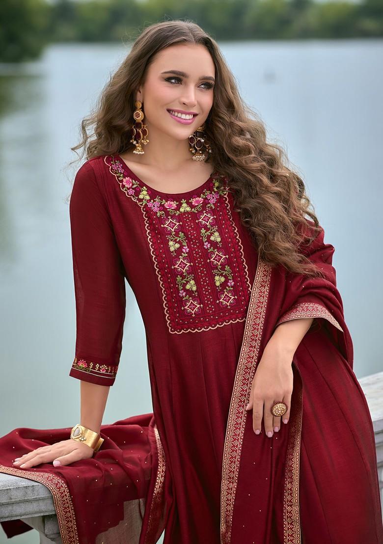 Red Floral Embroidered Poly Blend Kurta Set