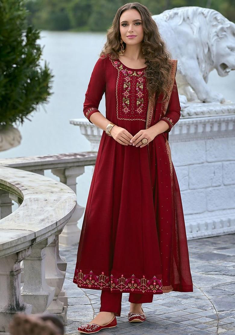Red Floral Embroidered Poly Blend Kurta Set