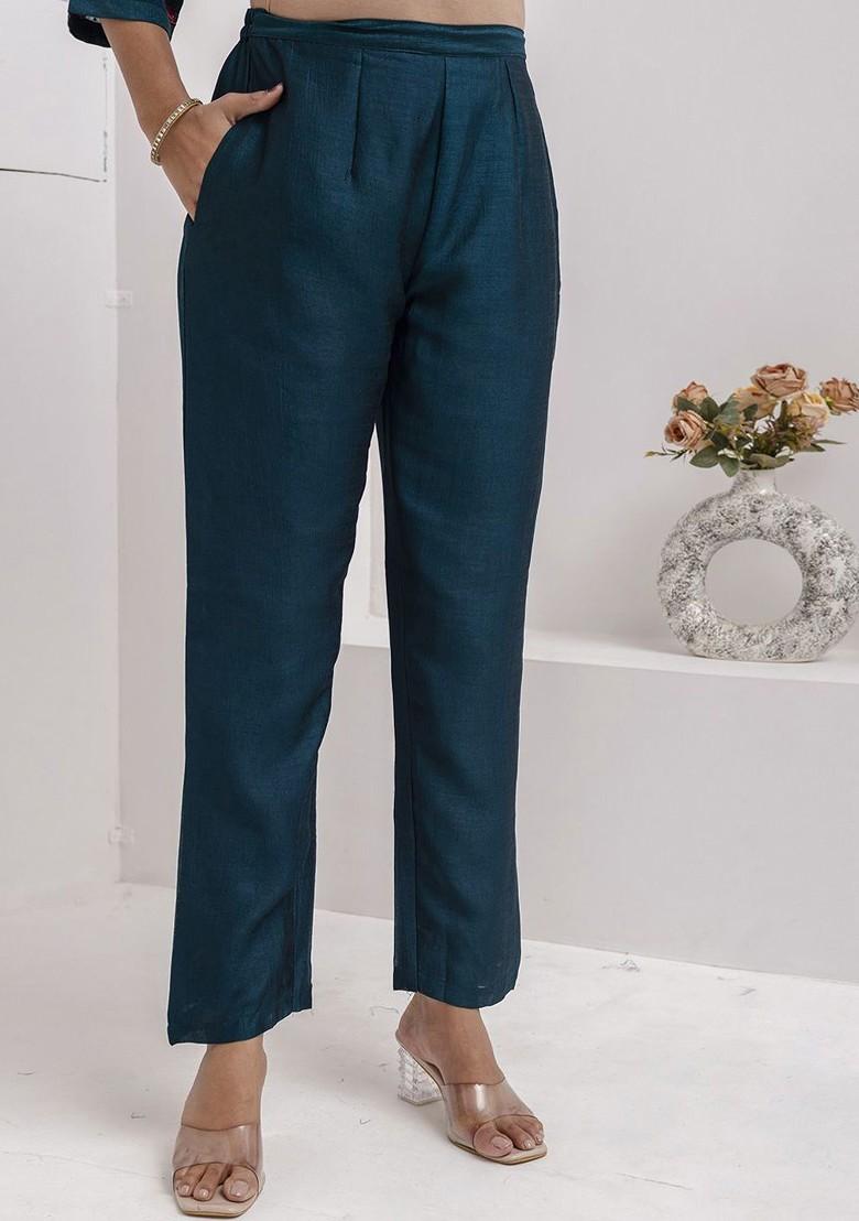 Teal Floral Embroidered Poly Blend Kurta Set