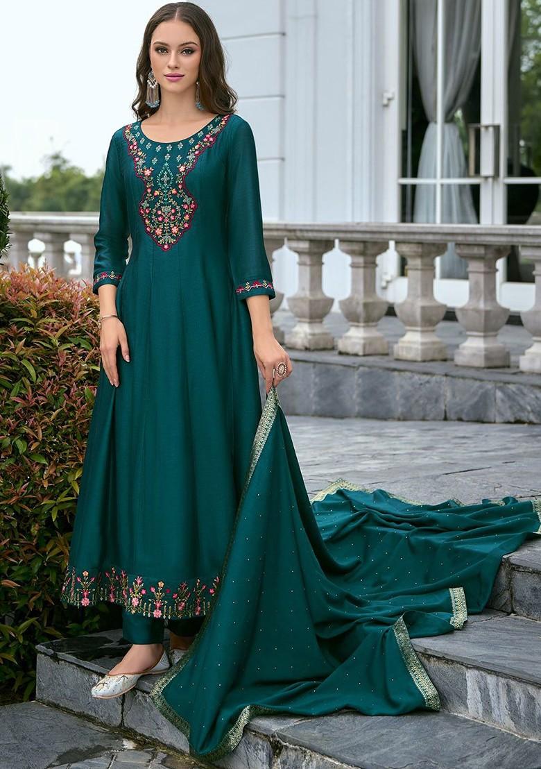 Teal Floral Embroidered Poly Blend Kurta Set
