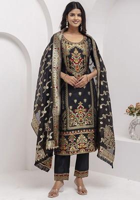 Black Ethnic Motifs Embroidery Poly Blend Kurta Set