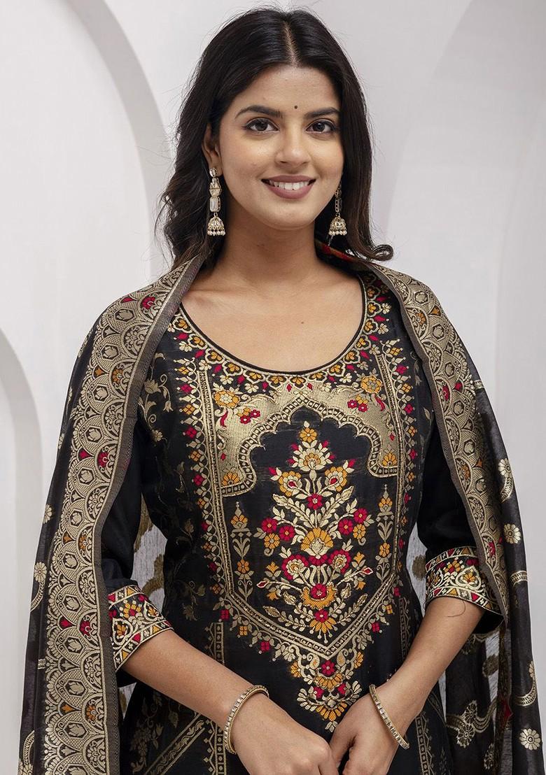 Black Ethnic Motifs Embroidery Poly Blend Kurta Set